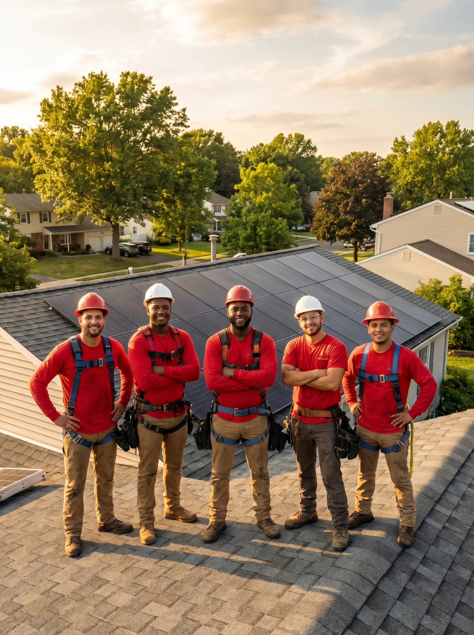 Five workers in red shirts and hard hats standing on a roof