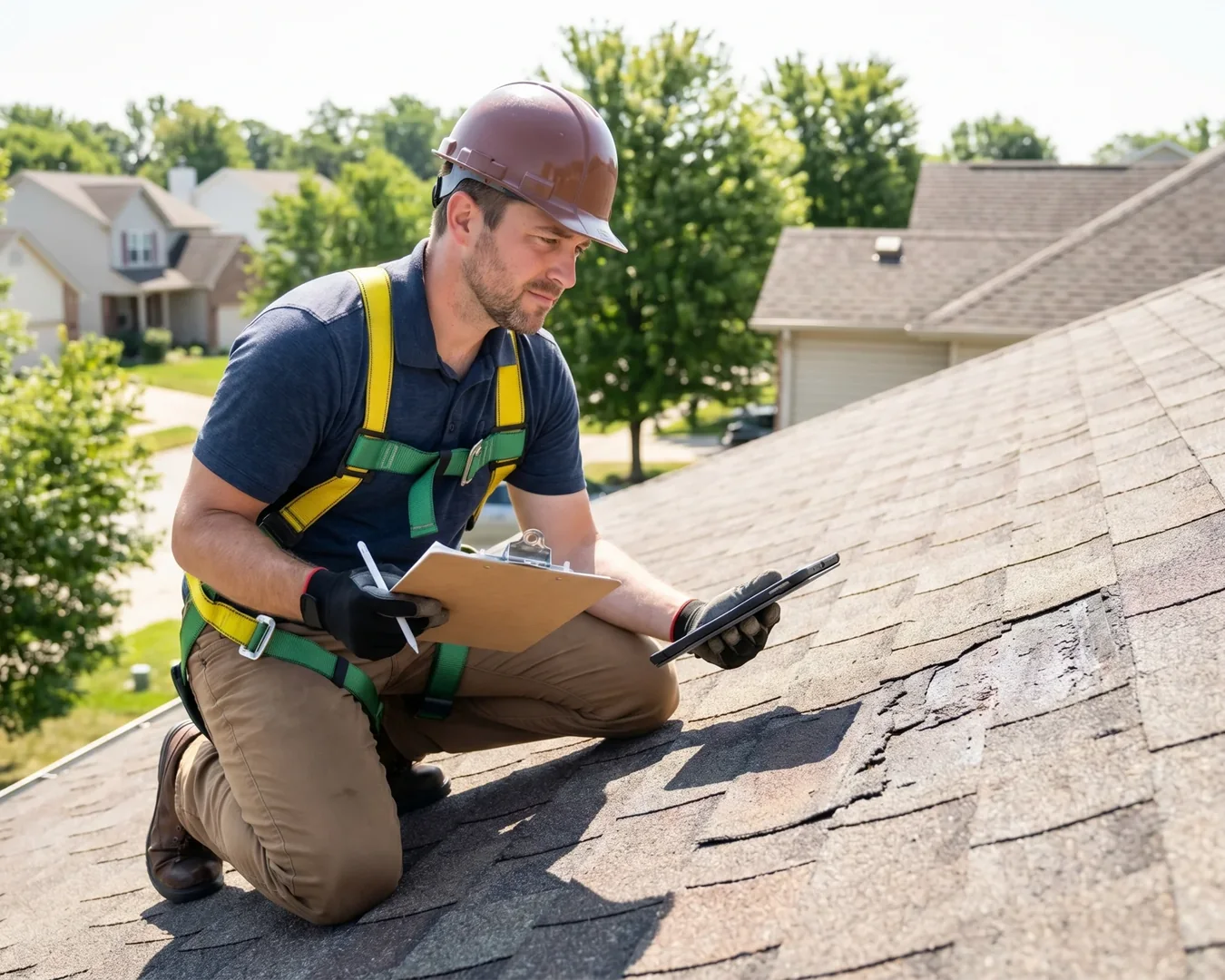 Worker in a hard hat and harness kneeling on a roof with a clipboard and tablet