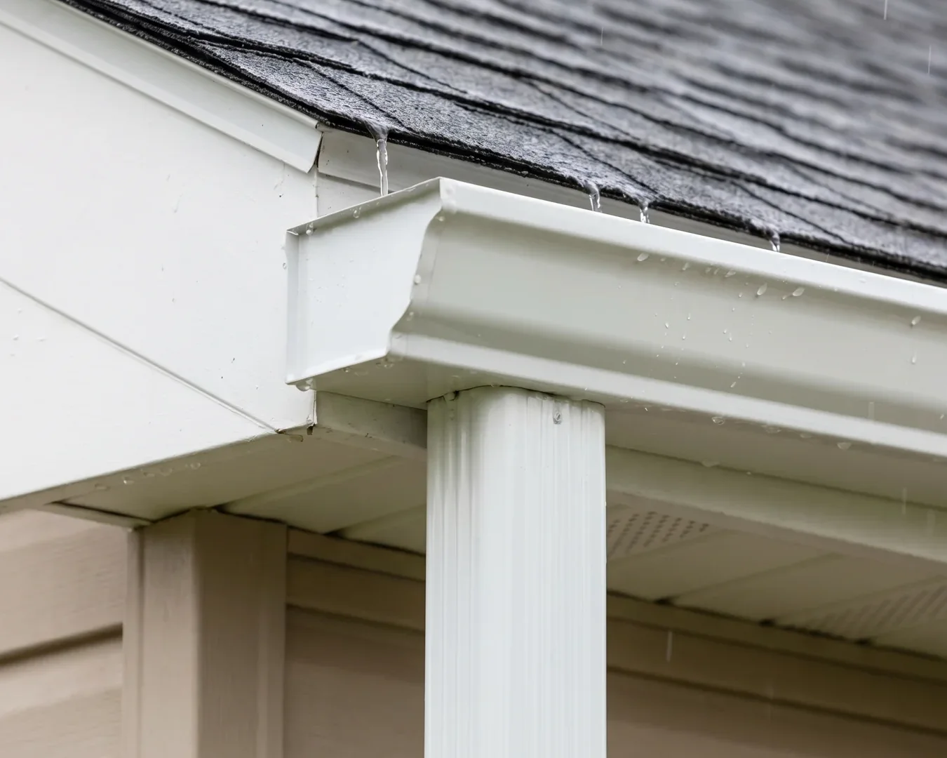 Close-up of a white gutter and downspout under a shingle roof edge
