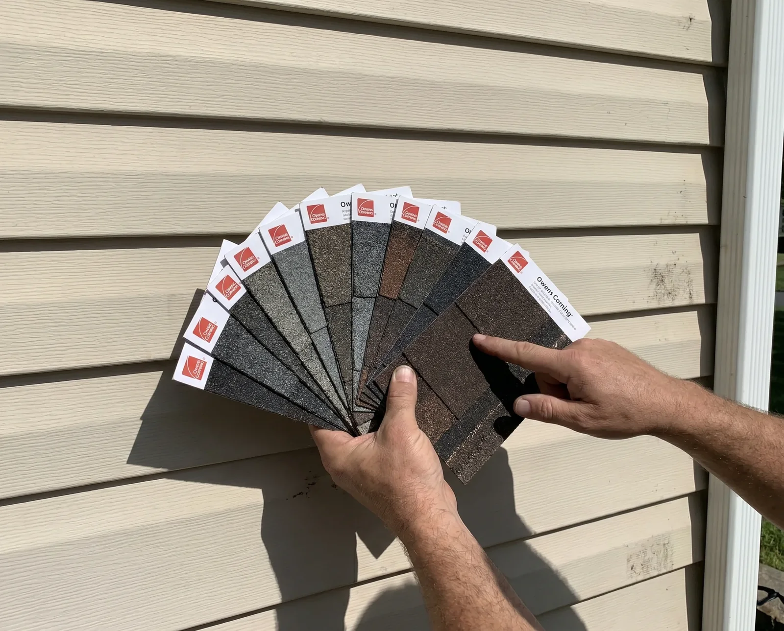 Hands holding a fan of shingle color samples against house siding
