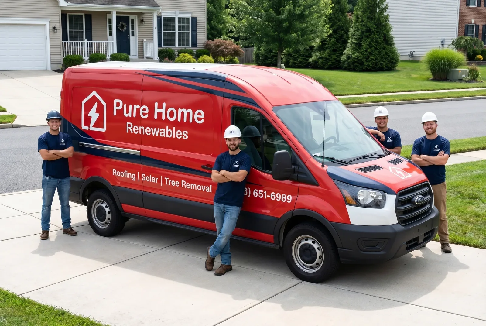 Red van with Pure Home Renewables lettering parked in a driveway with four people standing beside it