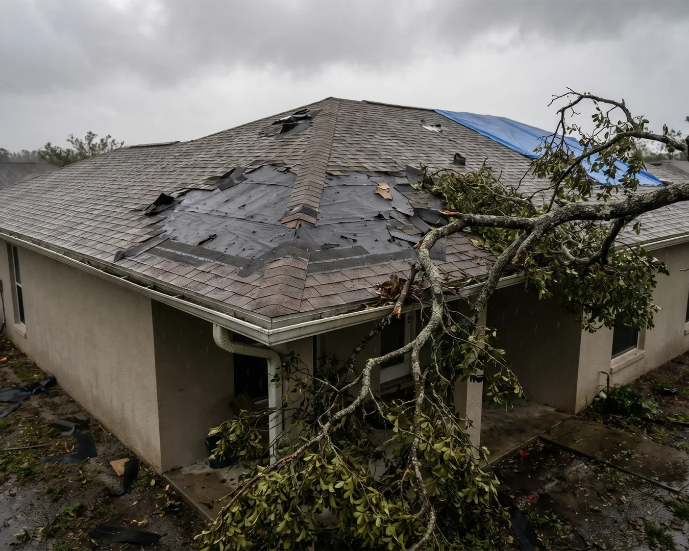 Fallen tree resting on the damaged roof of a single-story house