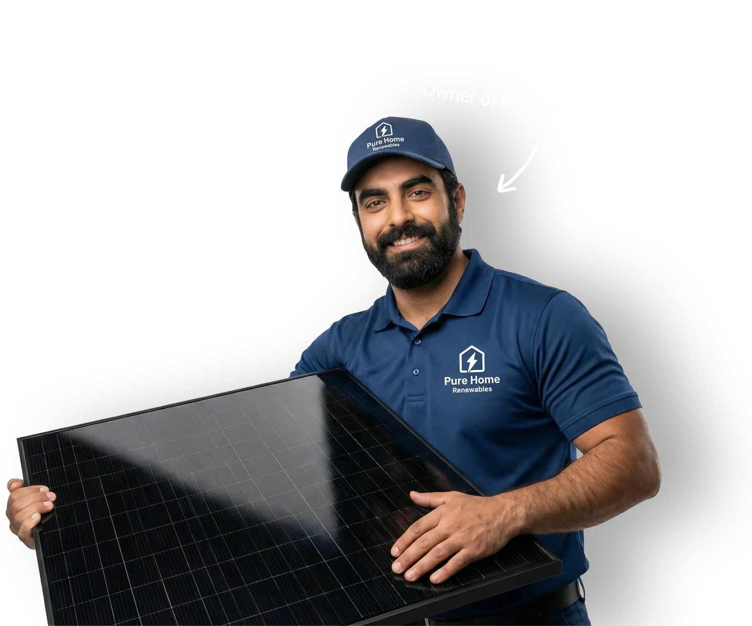 Man in a navy polo and cap holding a solar panel