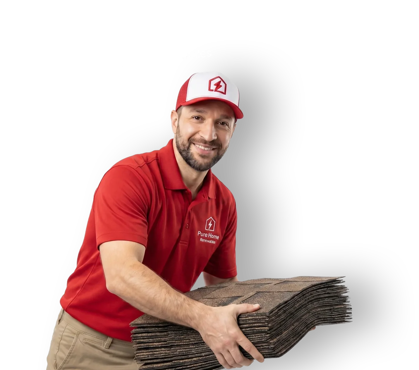 Man in a red polo and cap holding a stack of roof shingles